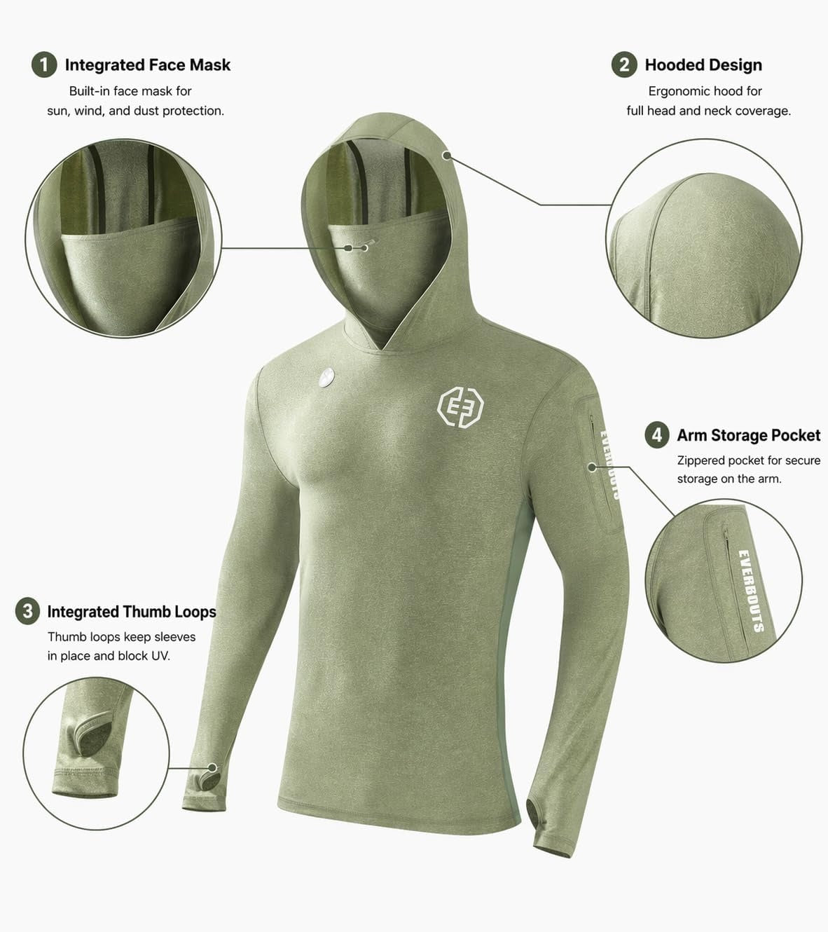 EVER BOOTS UPF +50 Long Sleeve Mens Sun Hoodie Shirt,Fishing Workout Shirt